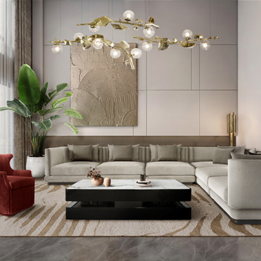 DUKONO Swivel Armchair, ORLEANS Modular Sofa, SHINTO Rectangle Center Table, CYRUS Floor Light